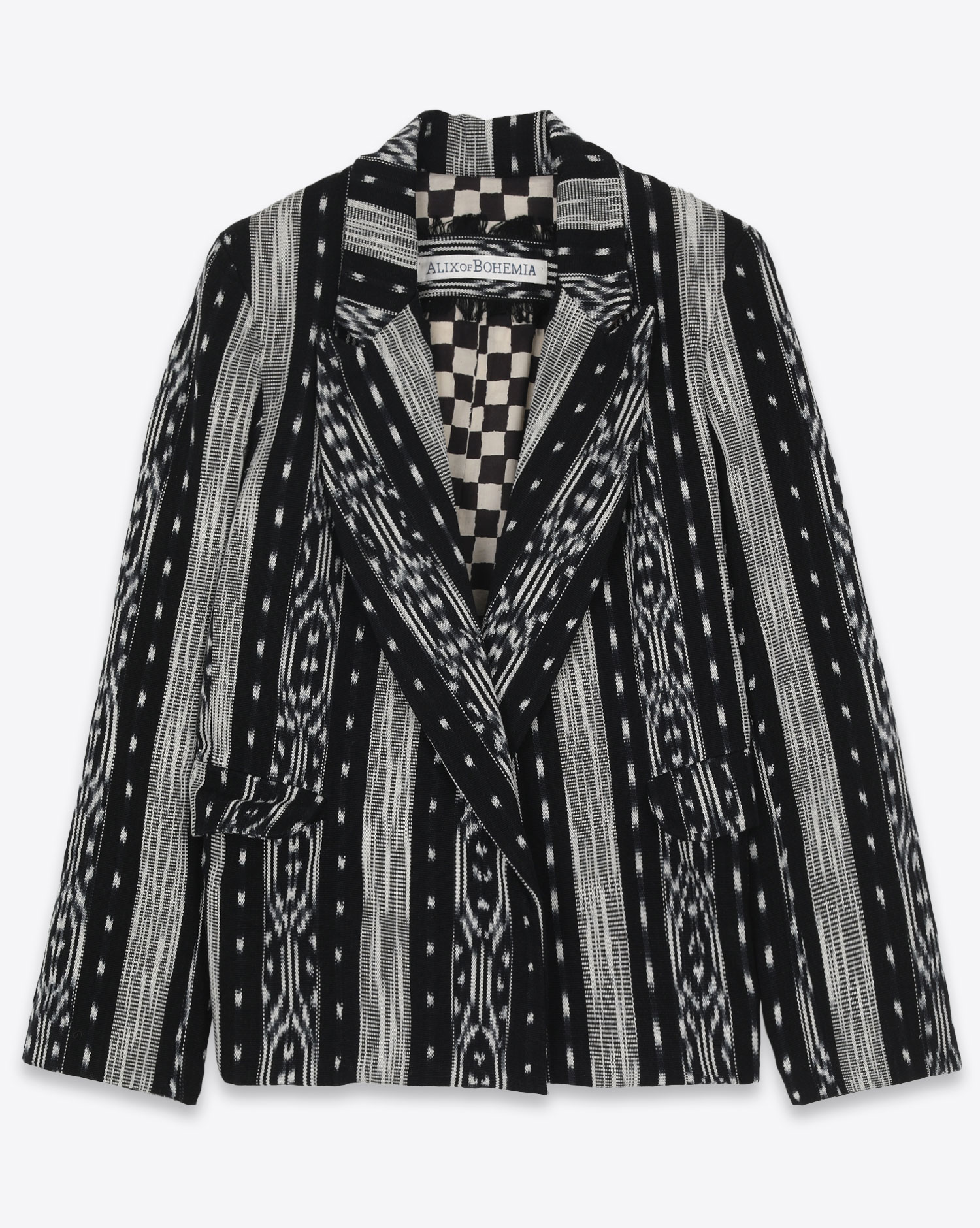 Veste Ikat noir écru doublée de coton à carreaux Alix of Bohemia. Face.