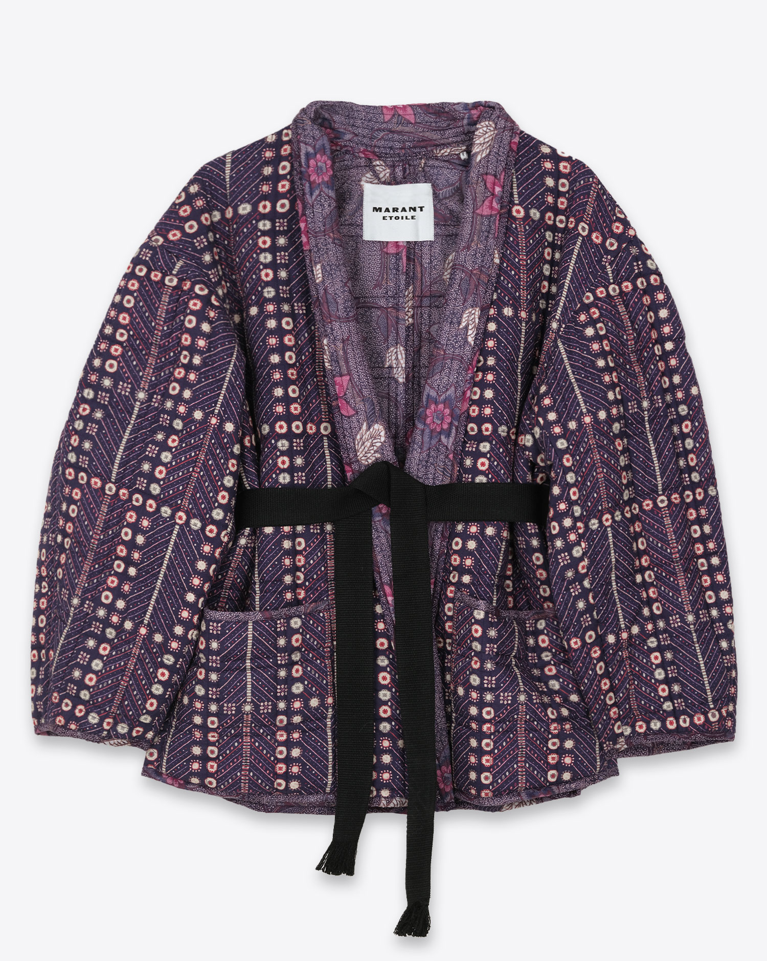 Veste manches longues Chancel Isabel Marant Etoile en coton violet. Vue face avec ceinture. 