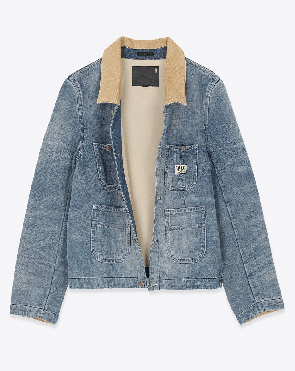 Veste Cropped Chore R13 en denim bleu Calli Blue. Vue de face ouverte.