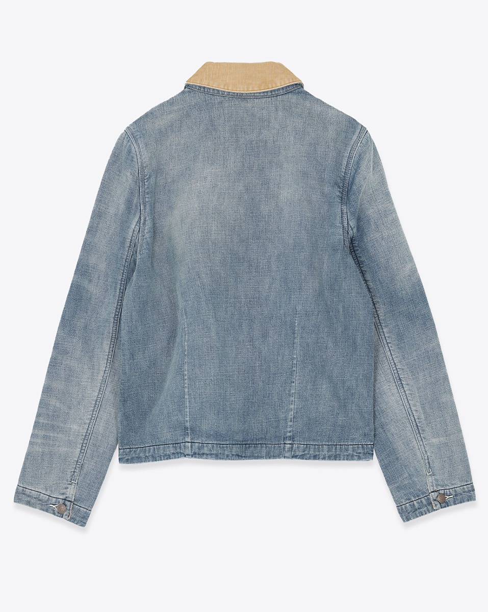 Veste Cropped Chore R13 en denim bleu Calli Blue. Vue de dos.