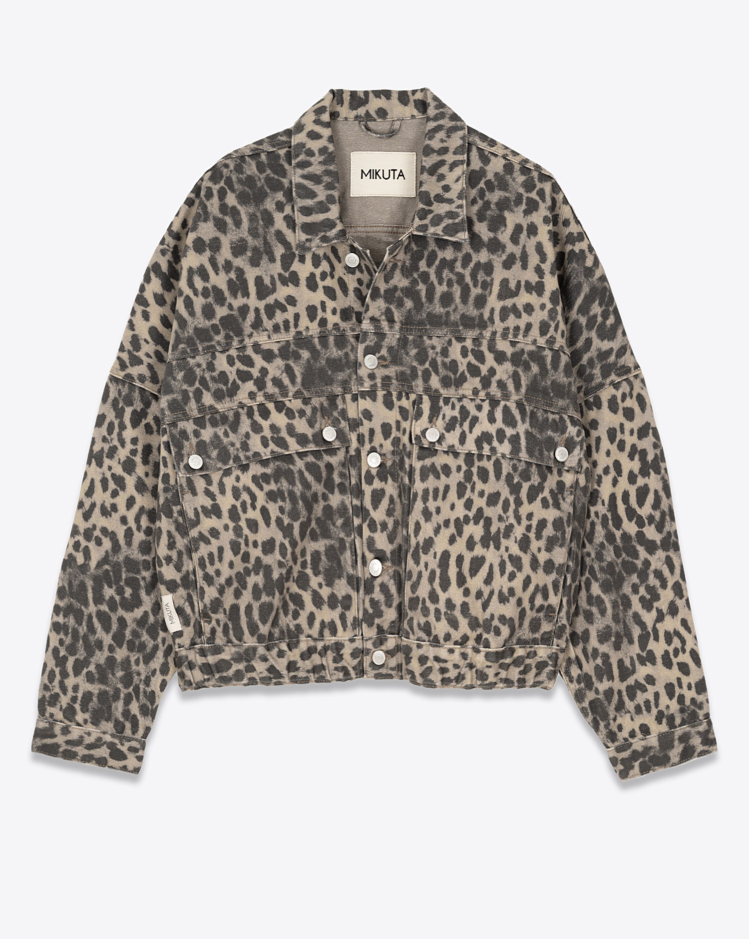 Produit Veste en jean Mikuta imprimée léopard. Vue face. 