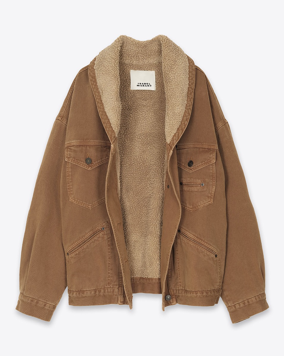 Veste Pimia Isabel Marant Etoile en coton ocre et fausse fourrure. Vue de face. Ouverte.