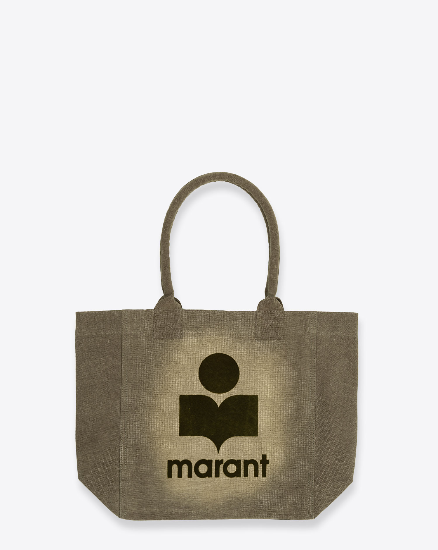 Produit Petit sac cabas Yenky Isabel Marant en toile délavée kaki avec logo. Vue face. 
