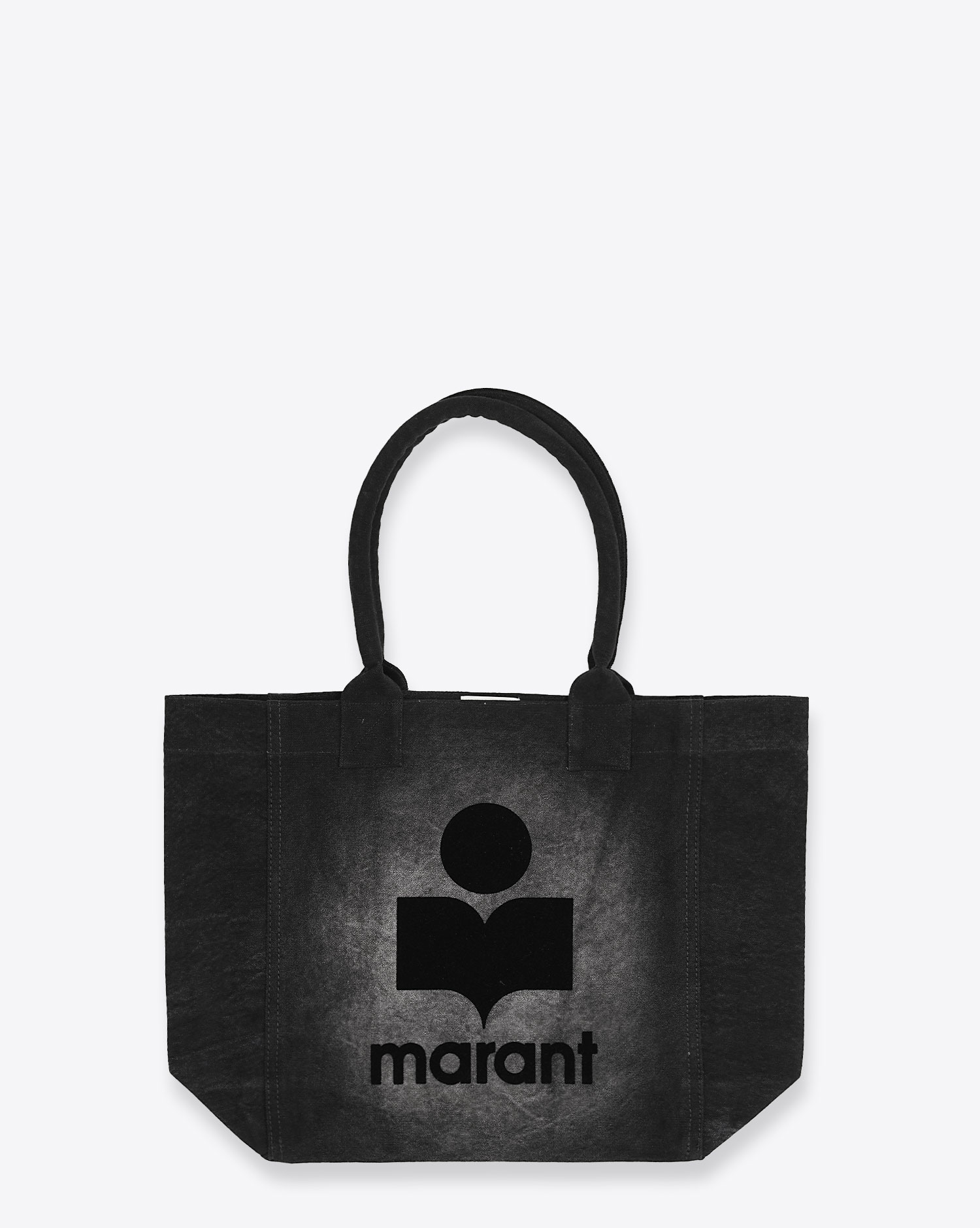 Petit sac cabas Yenky Isabel Marant en toile délavée noire avec logo. Vue face. 
