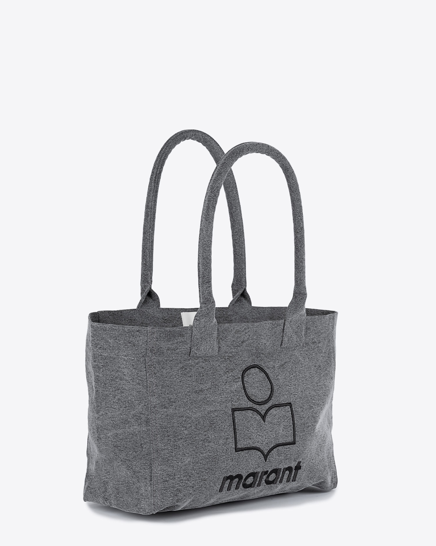 Produit Sac cabas Yenky Isabel Marant en toile grise avec logo et zip. Vue trois quart. 
