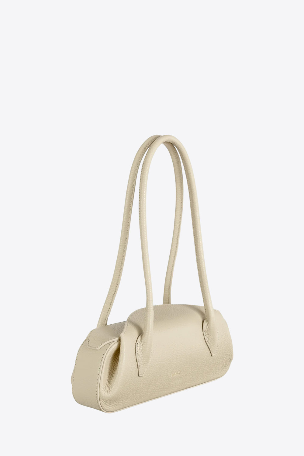 Sac Mini Oyster Yuzefi en cuir grainé Angora crème, mini sac baguette porté épaule au design contemporain. Vue de profil.
