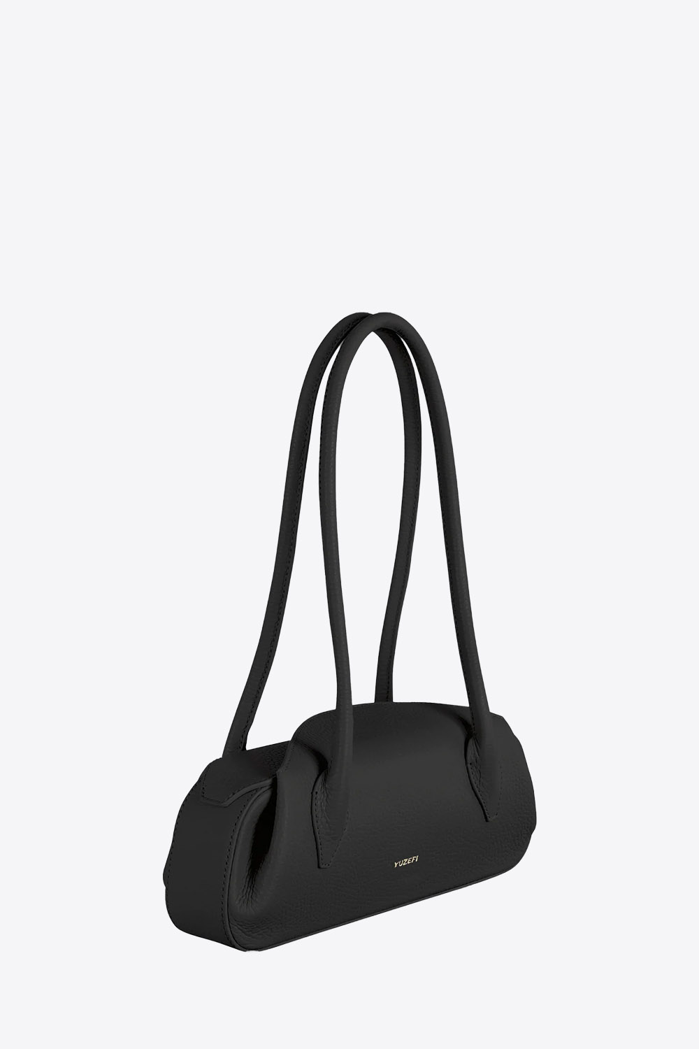 Sac Mini Oyster Yuzefi en cuir grainé noir, mini sac baguette porté épaule au design contemporain. Vue de profil.