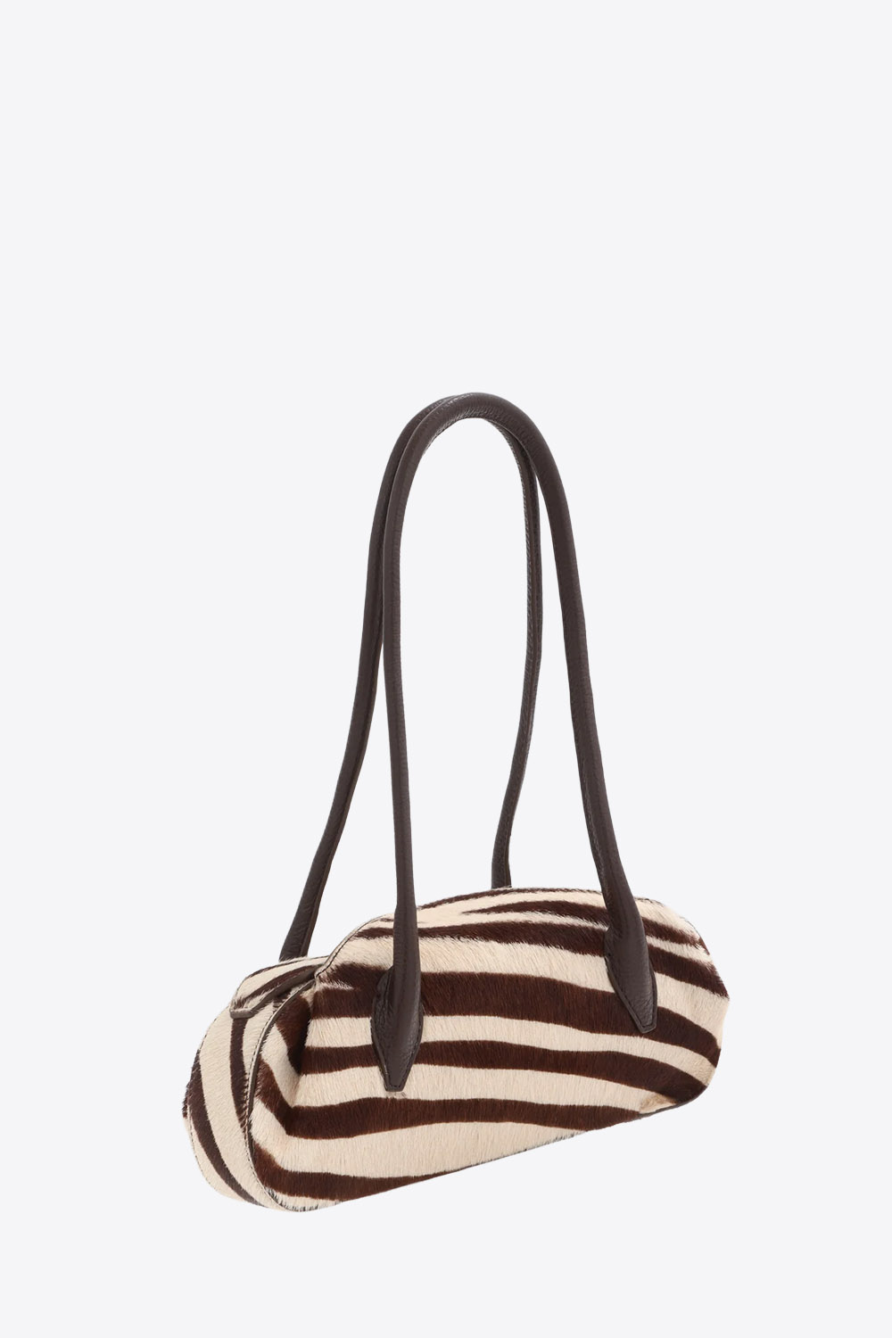 Sac Mini Oyster Yuzefi en cuir pony Savanna imprimé zèbre marron et écru, mini sac baguette porté épaule au design contemporain. Vue de profil.