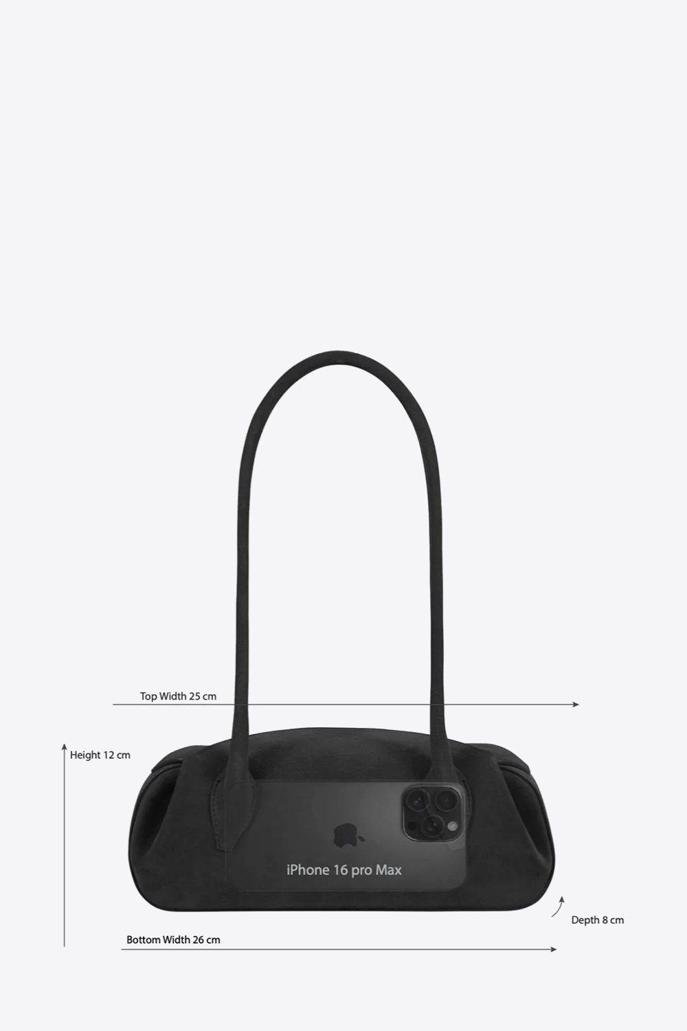 Dimensions du sac Mini Oyster Yuzefi en cuir grainé noir, mini sac baguette porté épaule au design contemporain.