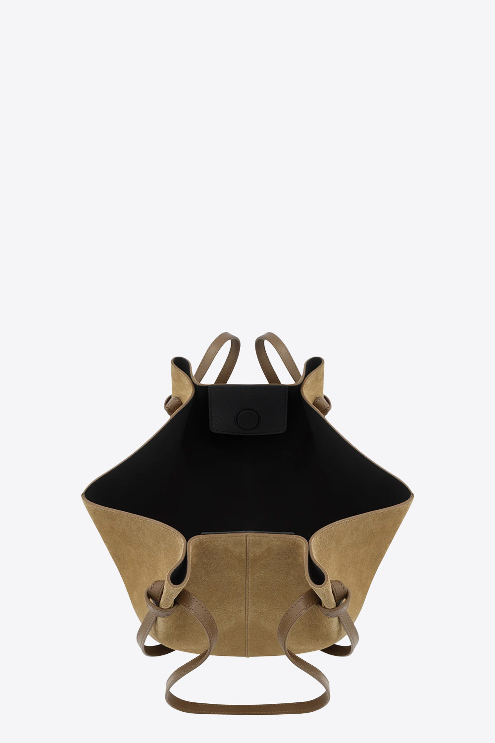 Sac Mochi Yuzefi en cuir suédé Fennel camel sable, sac porté épaule à la silhouette structurée avec anses nouées signature. Vue de l'intérieur.